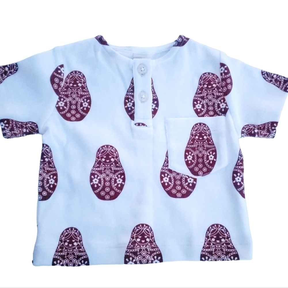 NWOT Kate Quinn Organics Short-sleeve Henley Shirt Nested Dolls White Red 3-6M